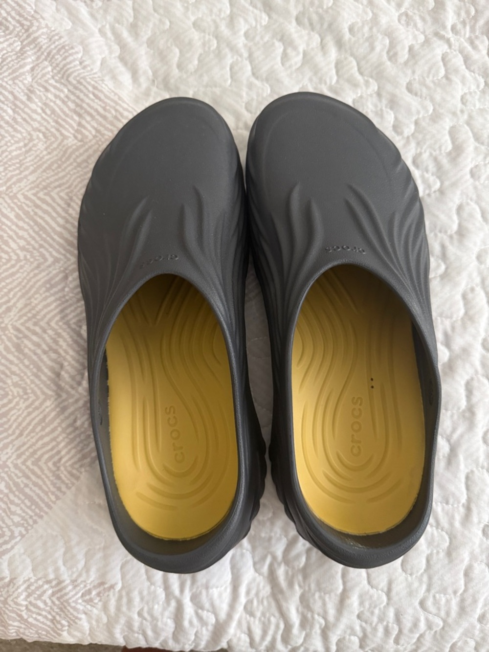 CROCS Two-Tone Slip-On Clogs in Charcoal and Yellow